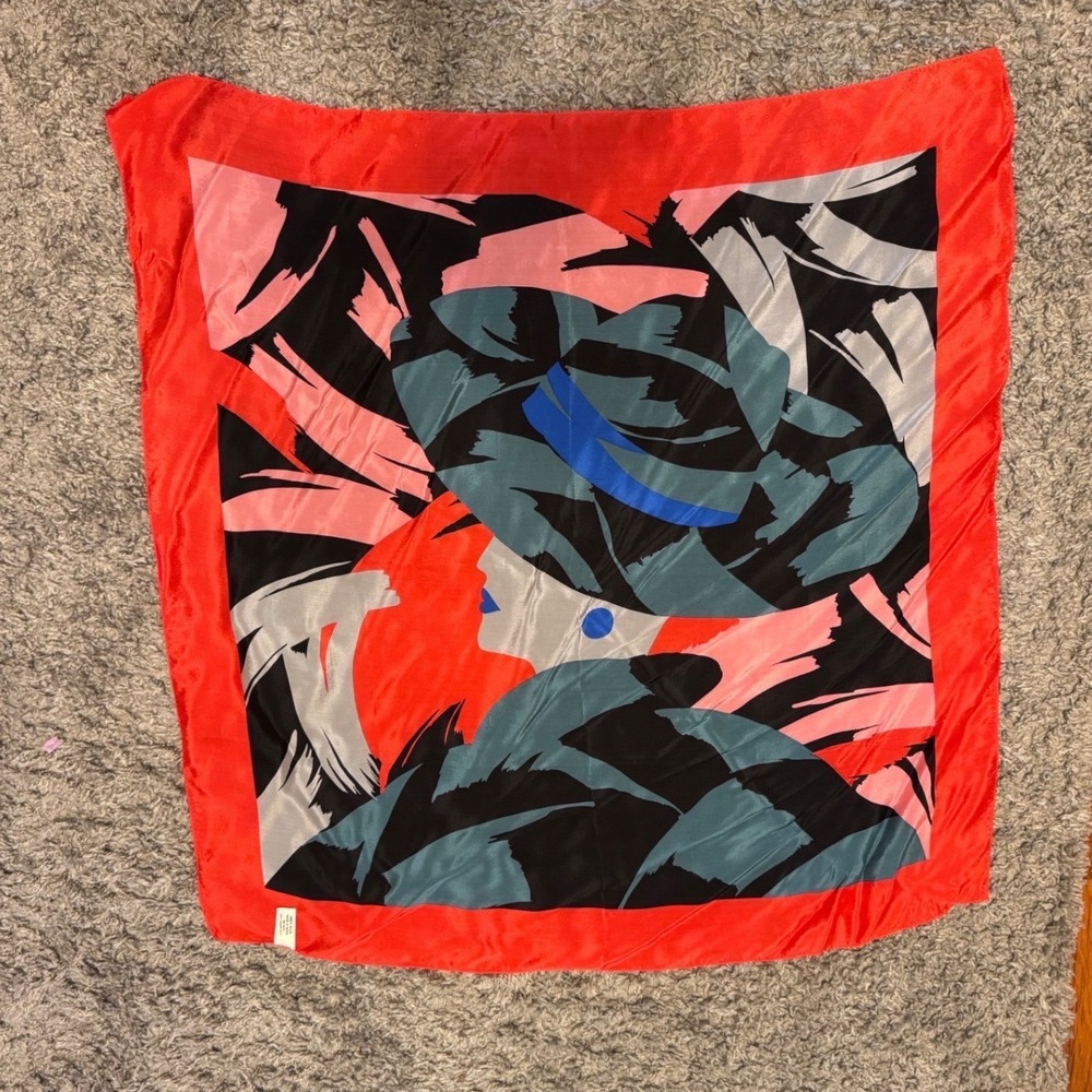 Vintage 100% Silk Scarf Made in Japan Red Black Graphic Woman Portrait RN 34191